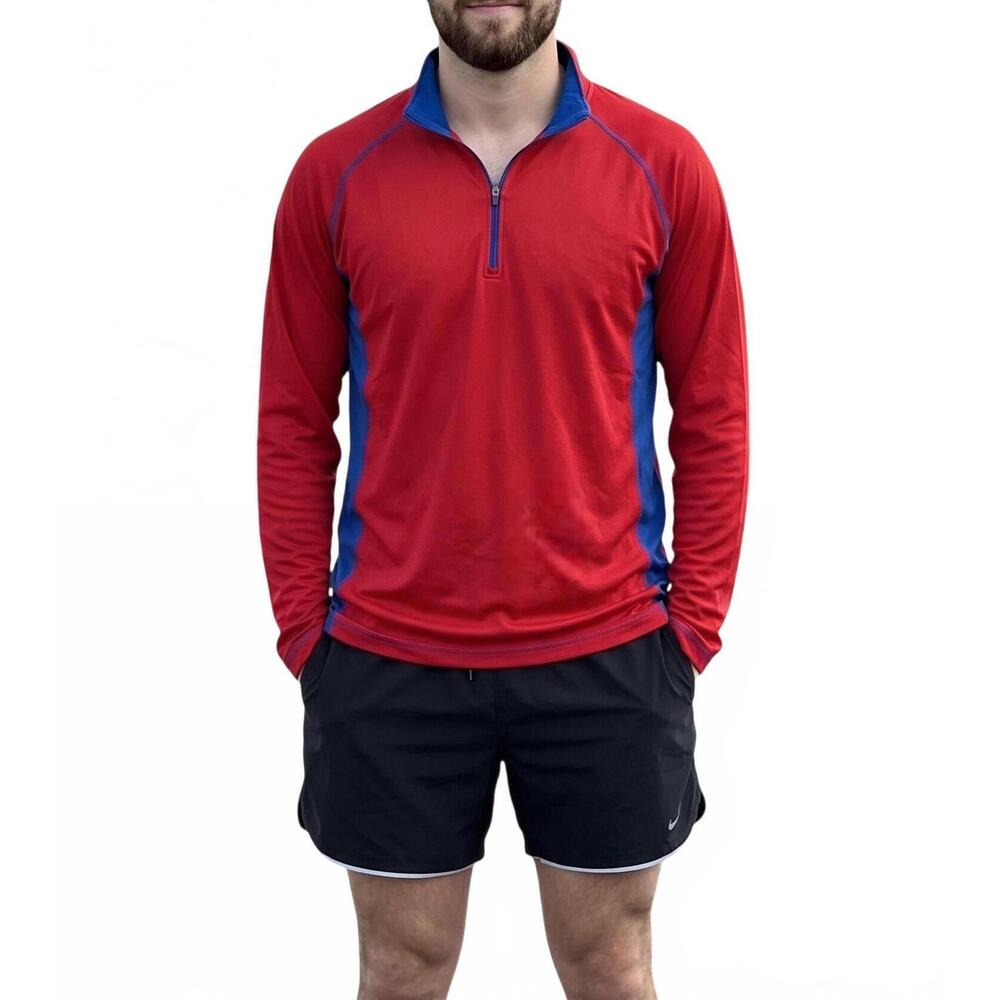 NEW MOUNTAIN EXPEDITIONS men's quarter zip up in red/blue